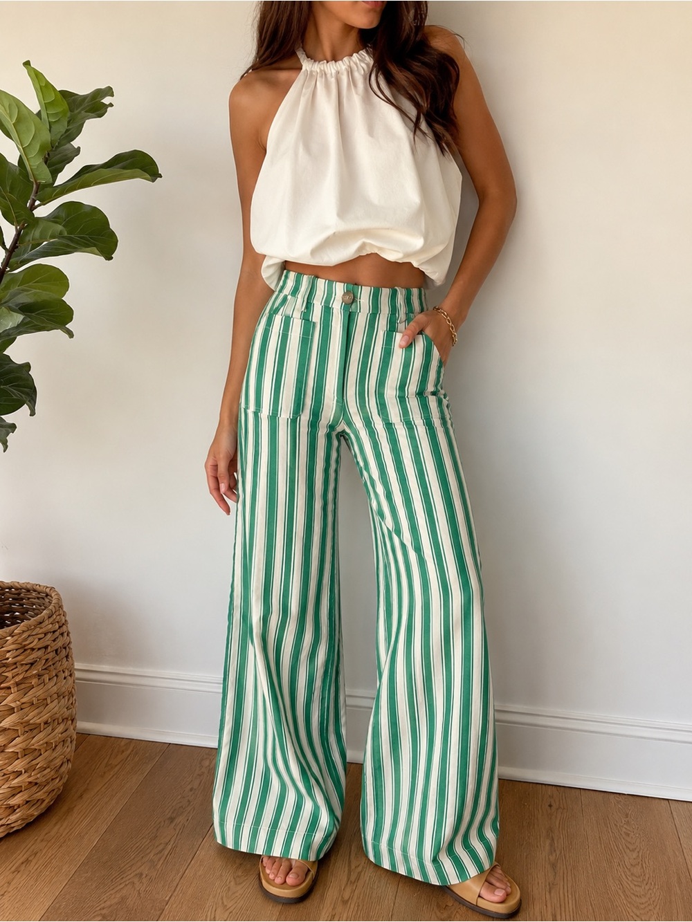Maeve Striped Wide-Leg Pants in Green